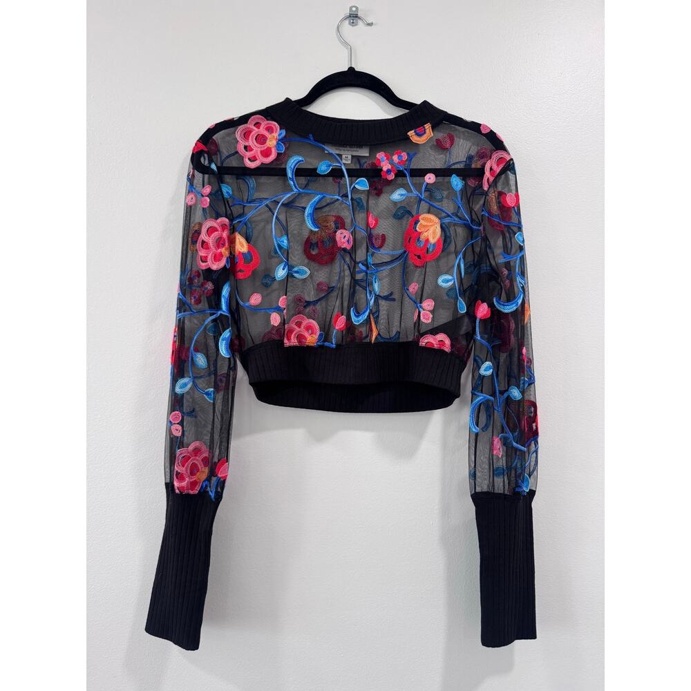 Cosmopolitan x Dress the Population Mesh Floral Black Long Sleeve Crop Top